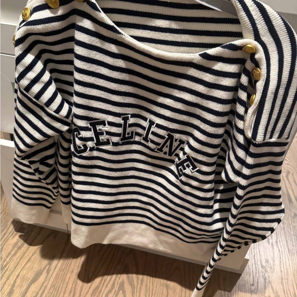 Celine Navy and White Striped Sweater with Gold Buttons